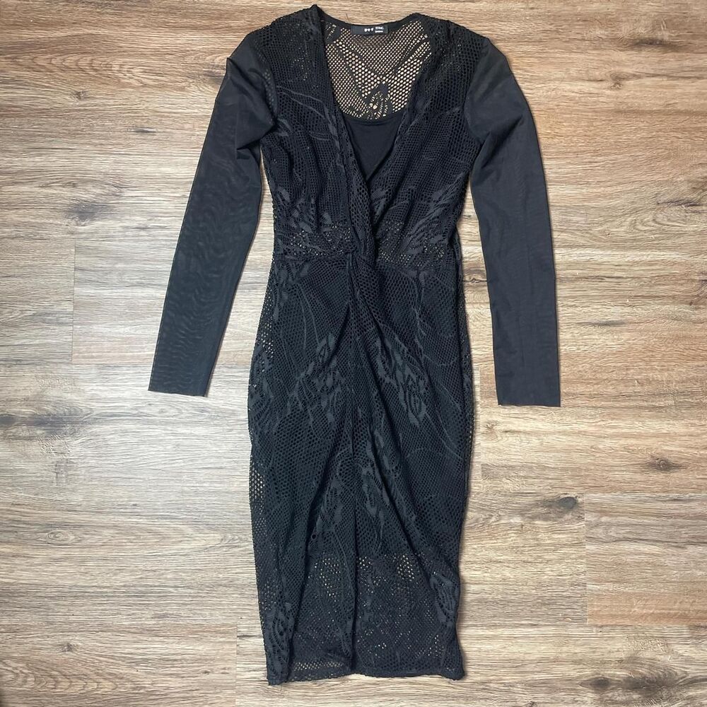 tfnc london gothic black longsleeve fishnet midi dress partially sheer medium